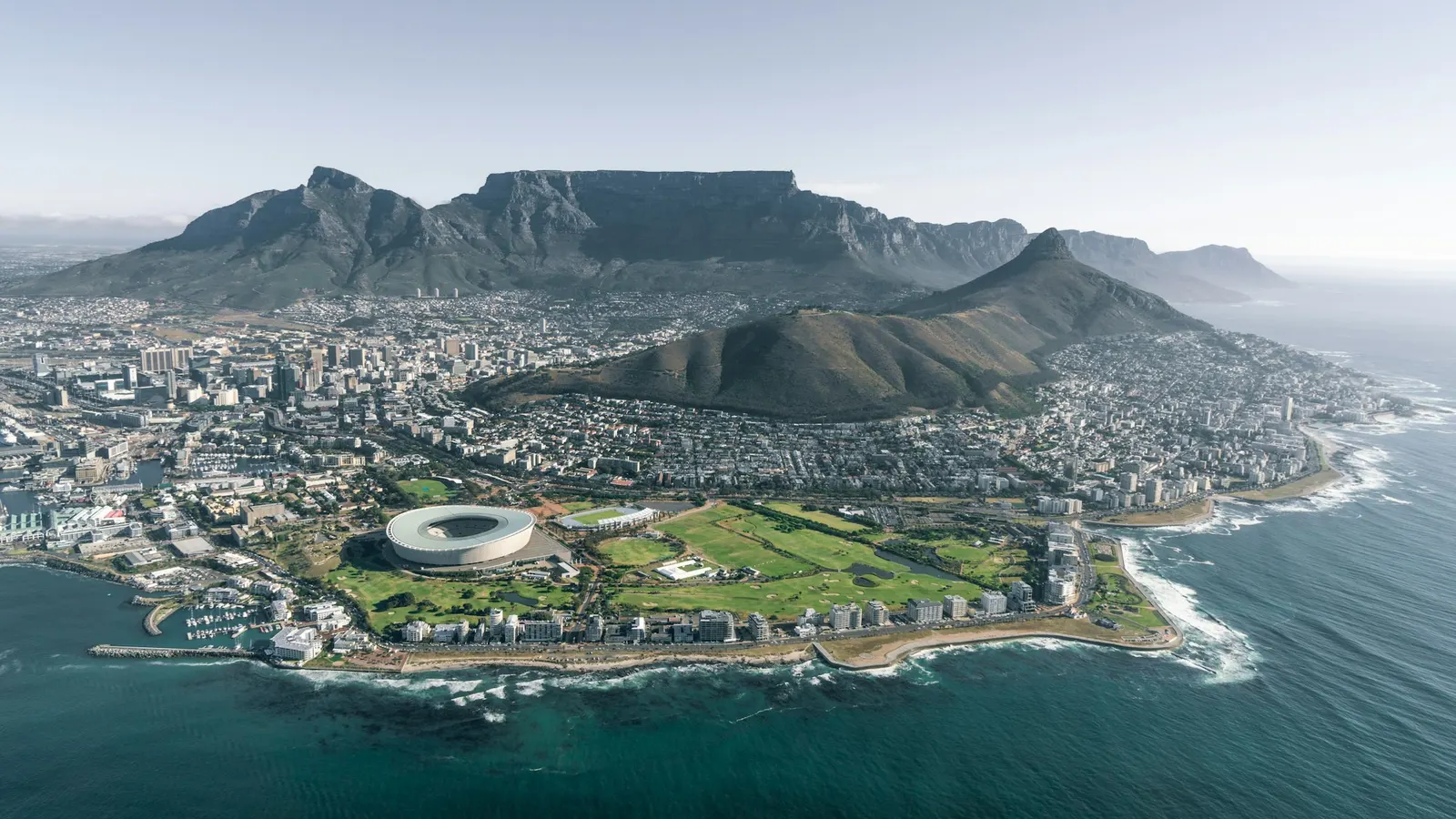Aerial view of Cape Town with Table Mountain behind the city