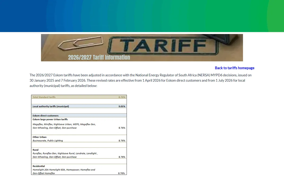 Eskom 2026/27 tariff information page showing 8.76% for direct customers and 9.01% for municipal tariffs