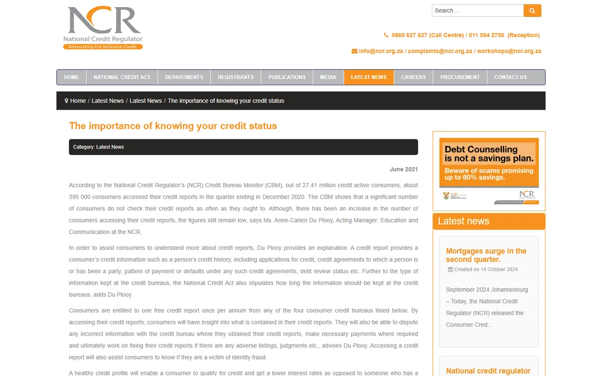 National Credit Regulator article on the importance of knowing your credit status