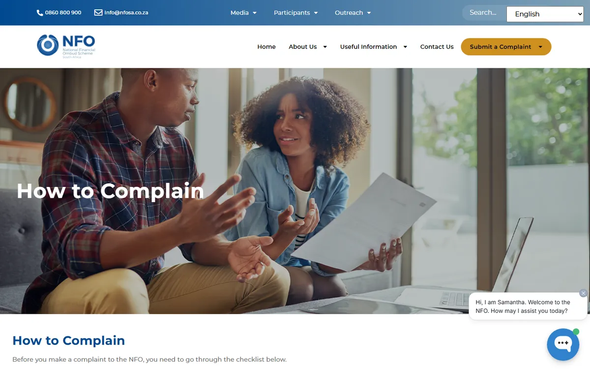 National Financial Ombud Scheme How to Complain web page