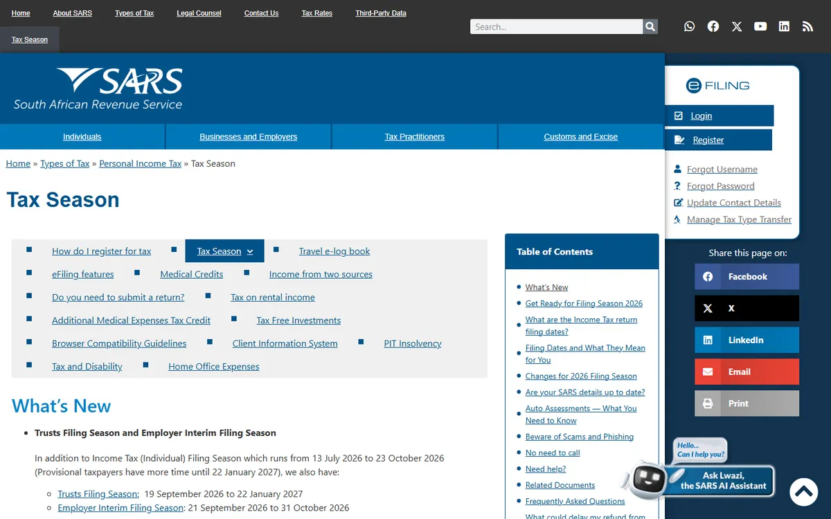 SARS Tax Season web page listing the 2026 filing season dates