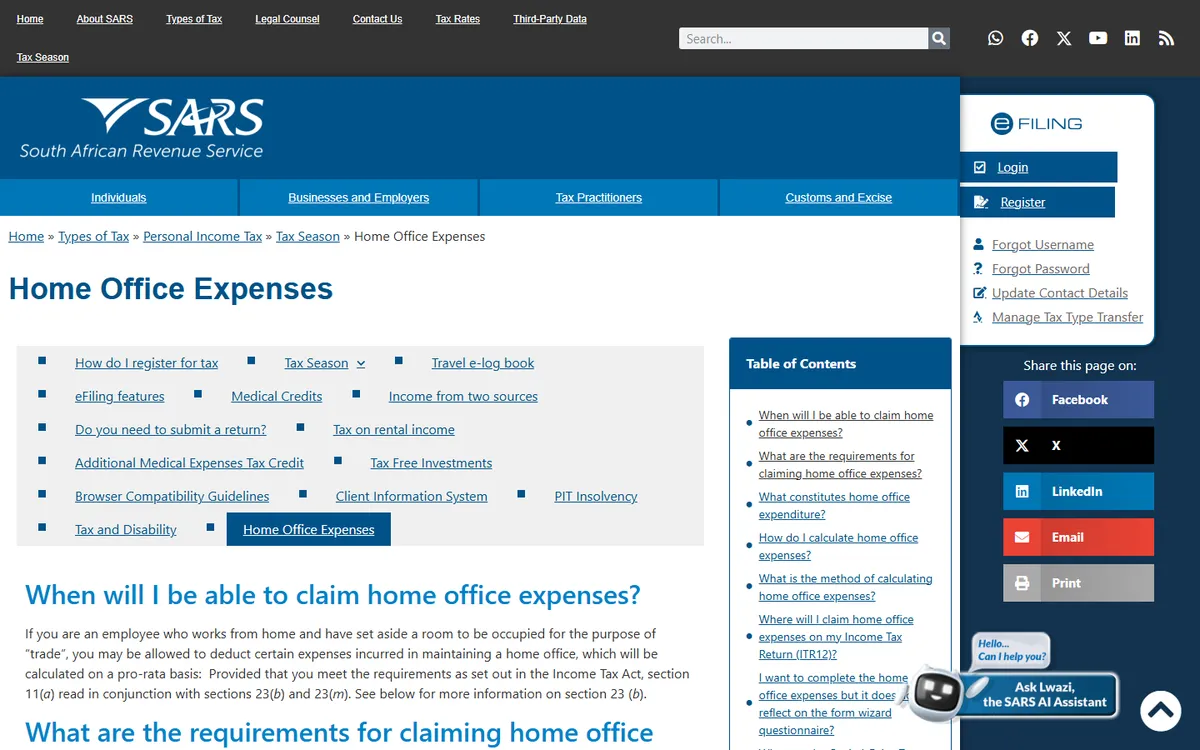 SARS Home Office Expenses web page