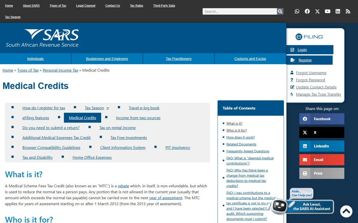 SARS Medical Credits web page