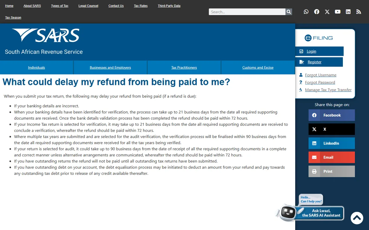 SARS FAQ page titled What could delay my refund from being paid to me
