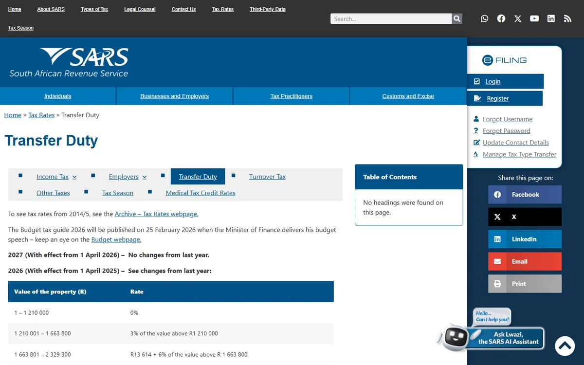 SARS Transfer Duty rates page showing no changes for 2027